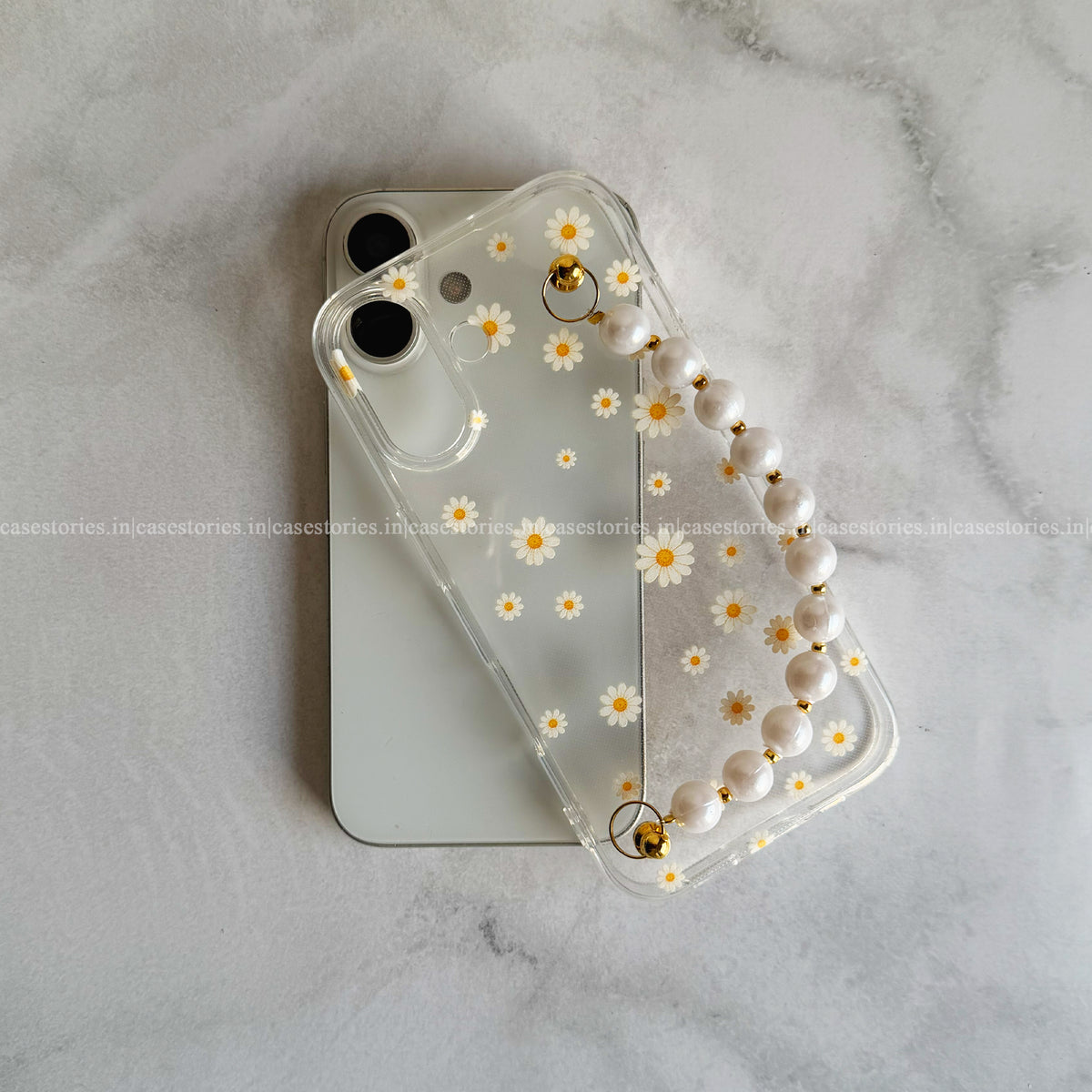 Golden Daisy Pearl Transparent Chain Case